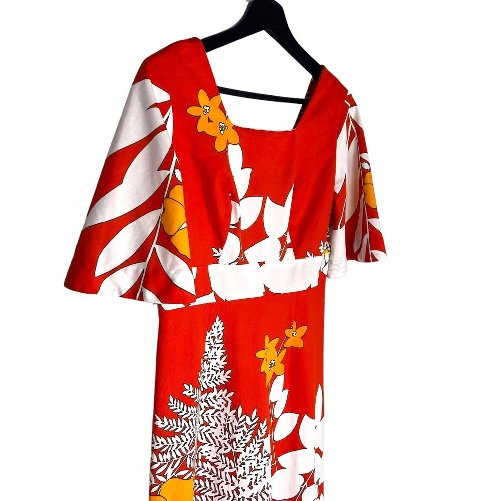 Vintage 60s Hawaii Nei Red Floral Short Sleeve Empire Waist Full Length Dress Me - Picture 2 of 10